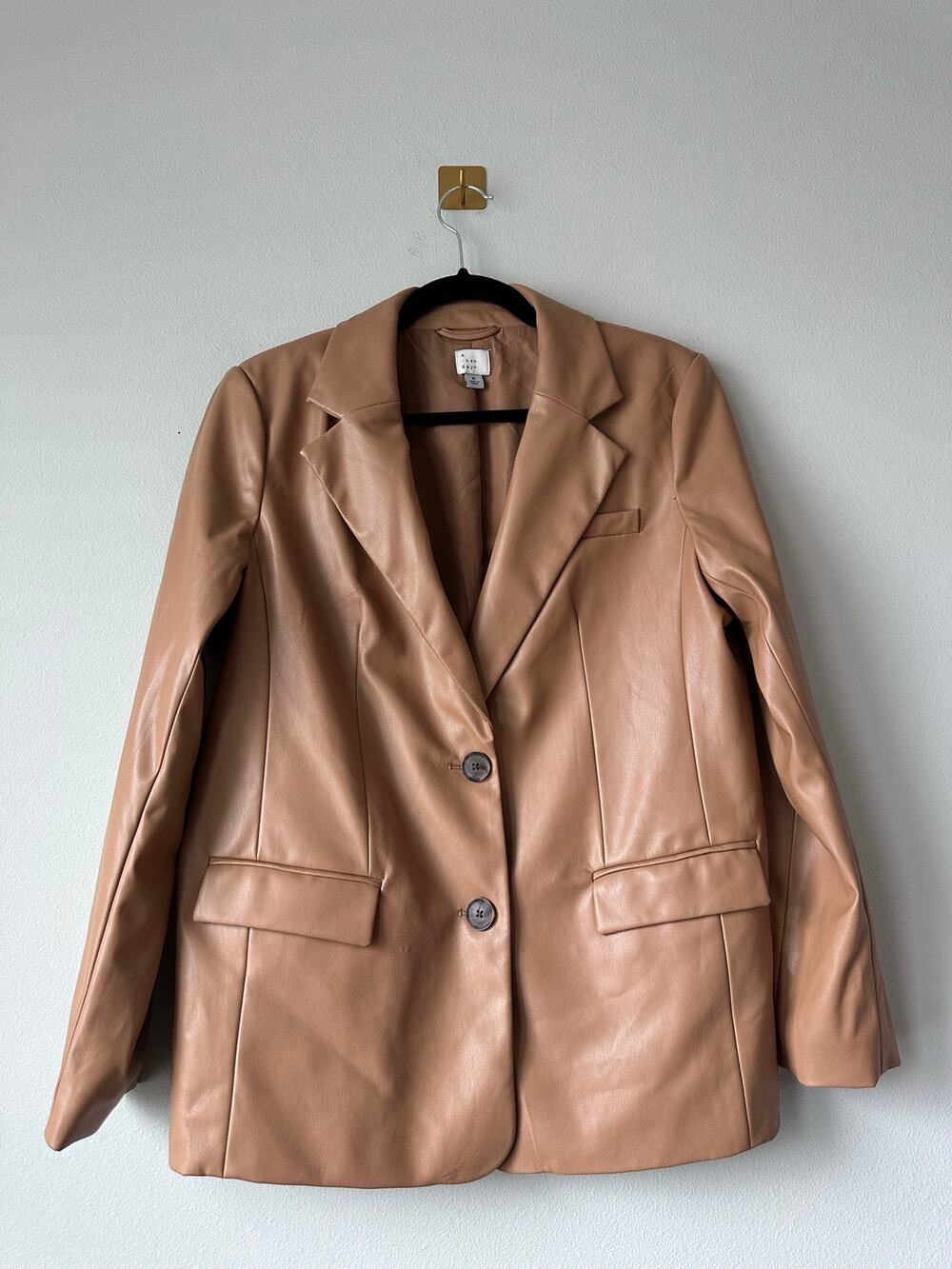 Tan Faux Leather Blazer Oversized Vegan Leather Neutral Minimalist M